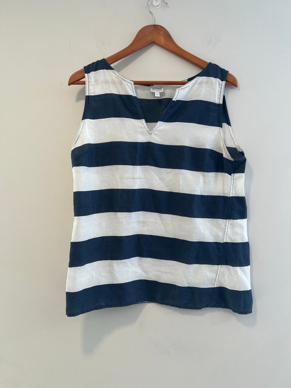 Armani Collezioni Sleeveless Blouse Blue White Stripes Size 14 SG